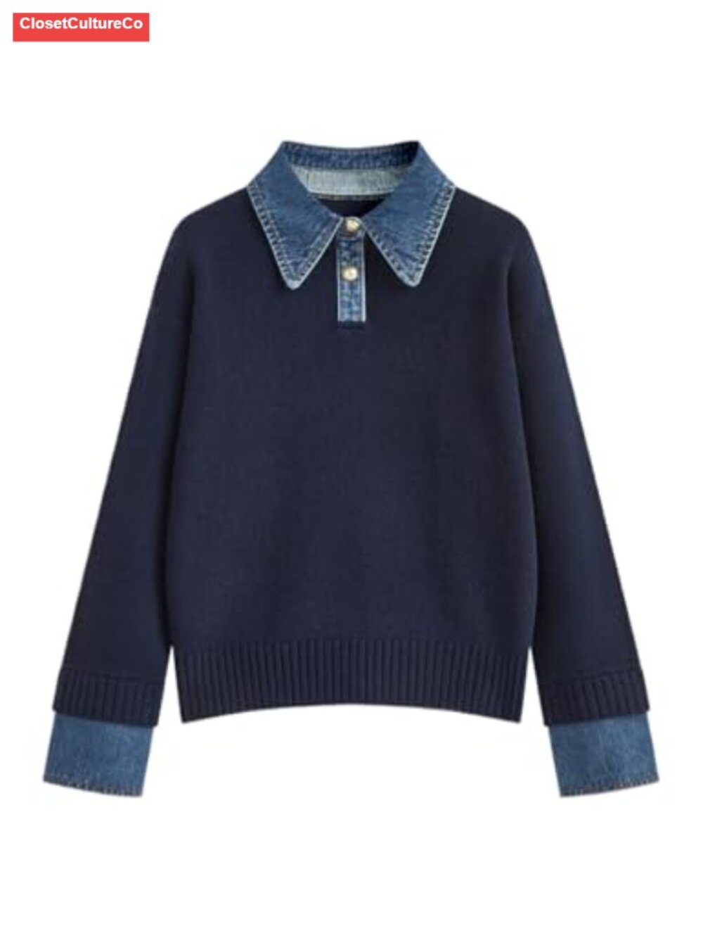 Denim Lapel Polo Sweater Oversized Knit Pullover with Denim Cuffs